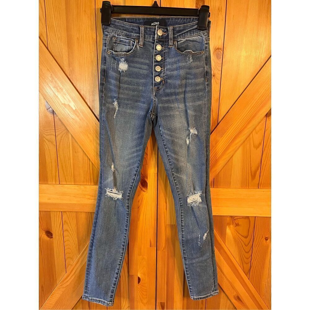 AERO Super High Rise Skinny Jeans 00 Button Fly Distressed (3544)